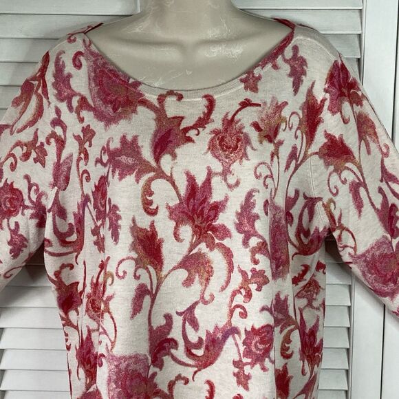 Chico's White/Cream w/ Pink Floral Design Pullover Sweater 2 (L) - Picture 2 of 8